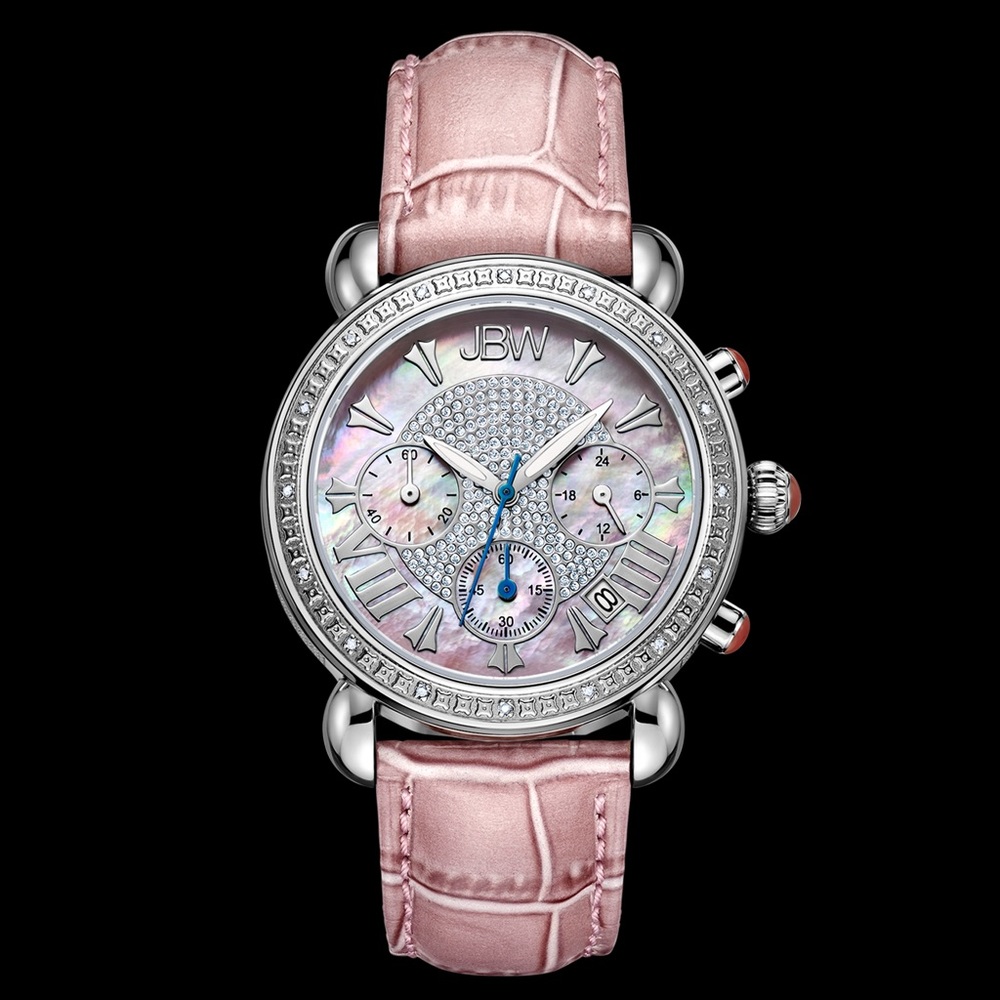 Pink jbw chronograph watch with pink leather strap