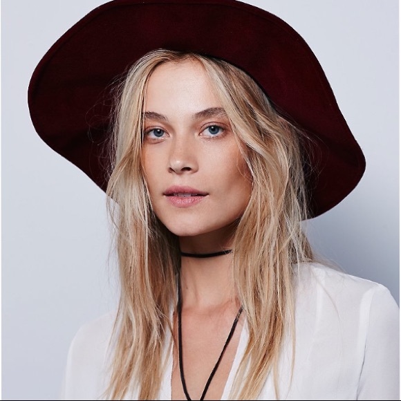 FREE PEOPLE Velvet Wide Brim HAT Blue Red - Picture 3 of 4