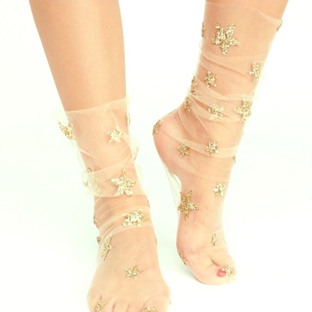Glitter & Stars Tulle Socks ✨ Sheer Mesh ✨ Gold