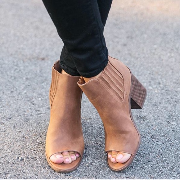 Eclipse Cognac Block Heel Peep Toe Chic Bootie - Picture 2 of 6