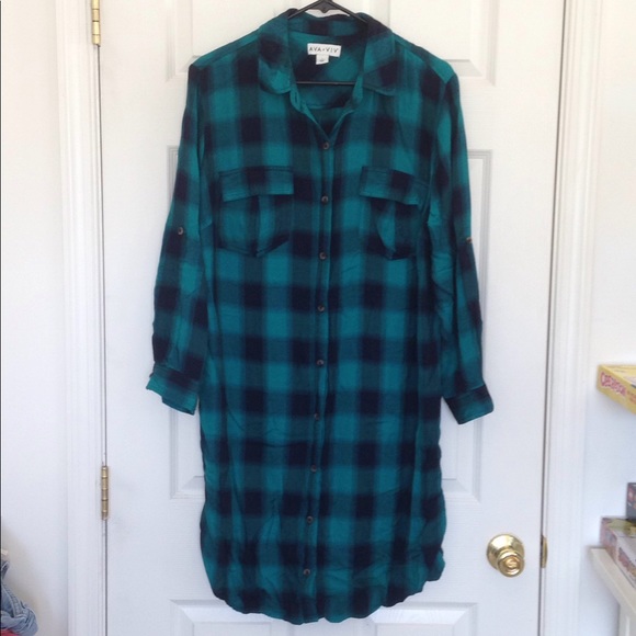 Ava & Viv Dresses & Skirts - Teal/Navy Plaid Button Down Dress
