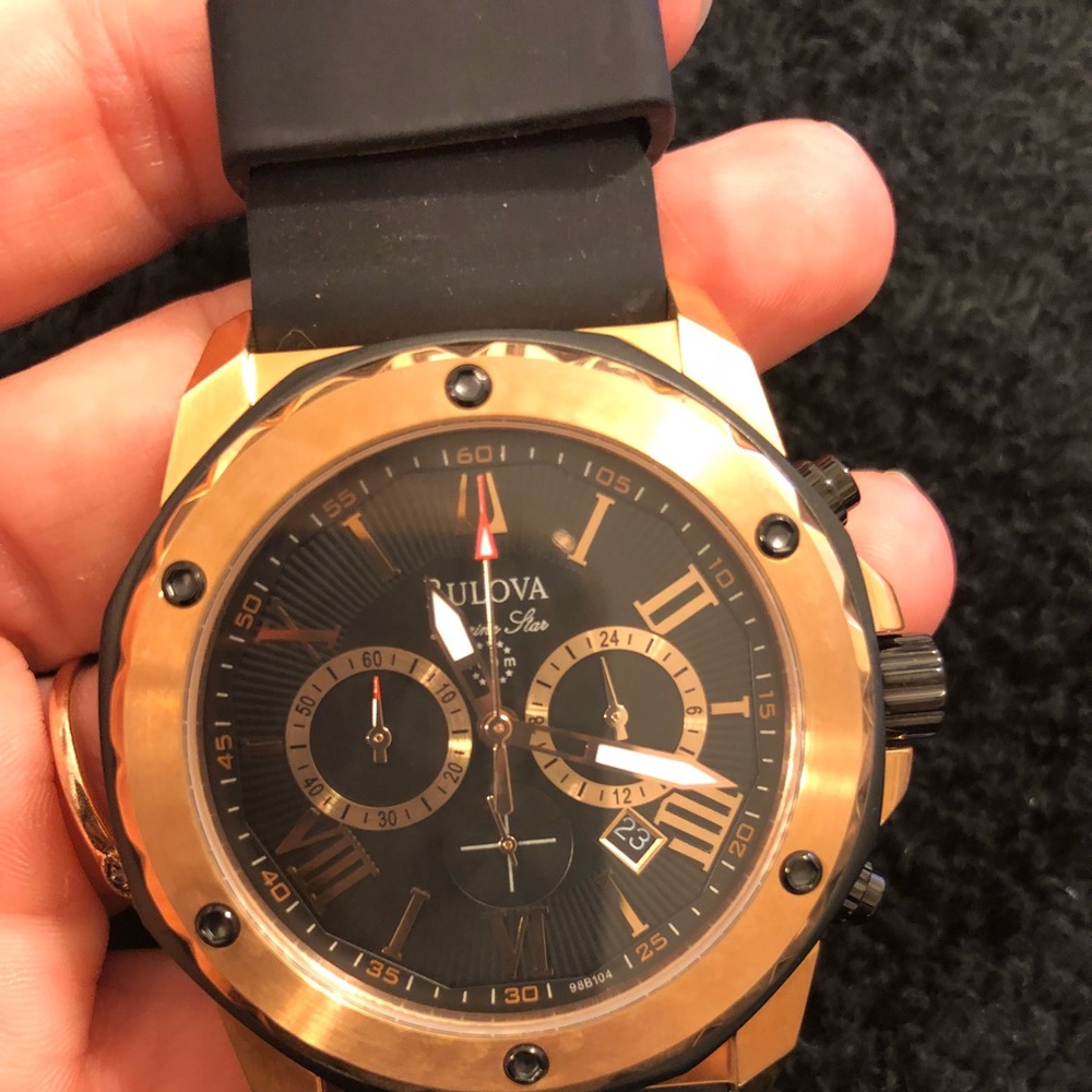 Bulova Men’s Watch, Rose Gold Case/Black Band