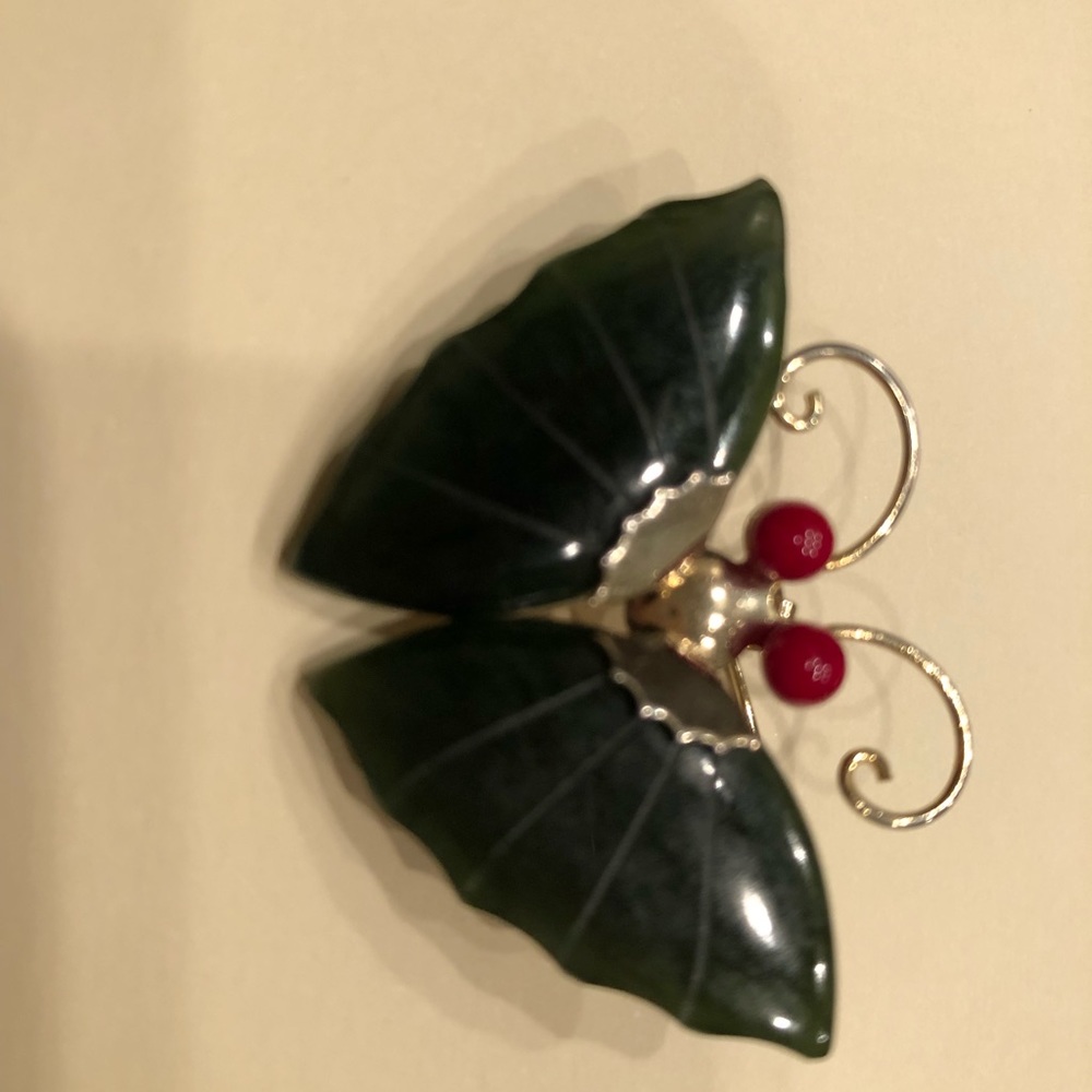 Jade and gold plated butterfly brooch