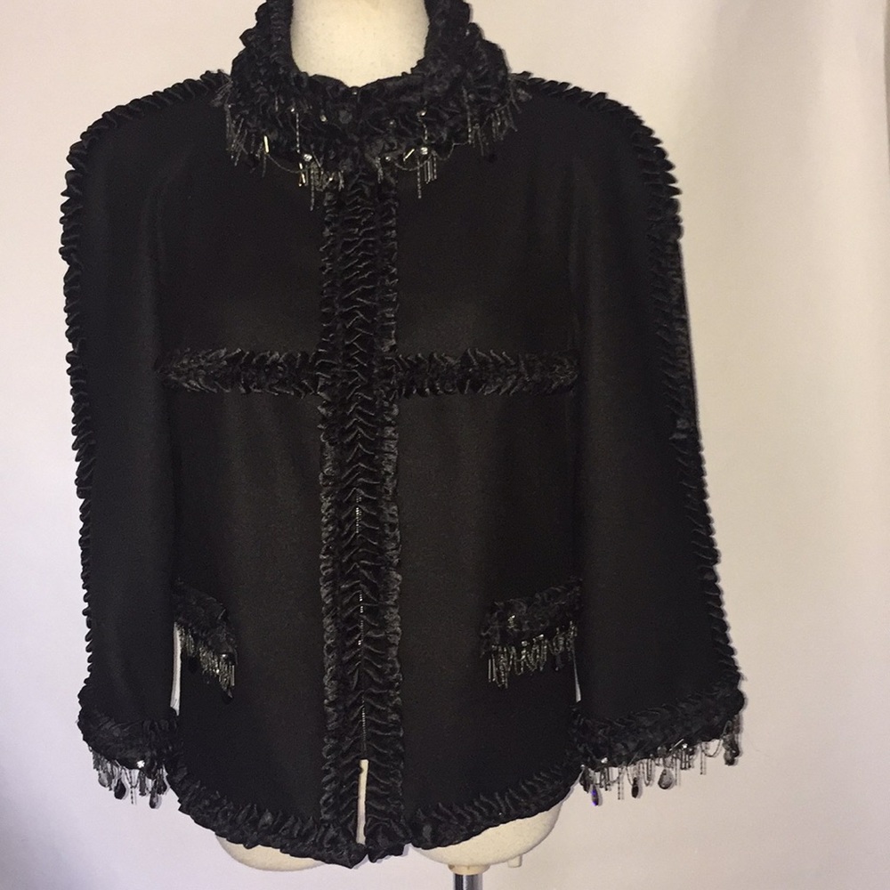 Chanel Blk Cashm/Wool Jacket Crystals/Chains 42 M