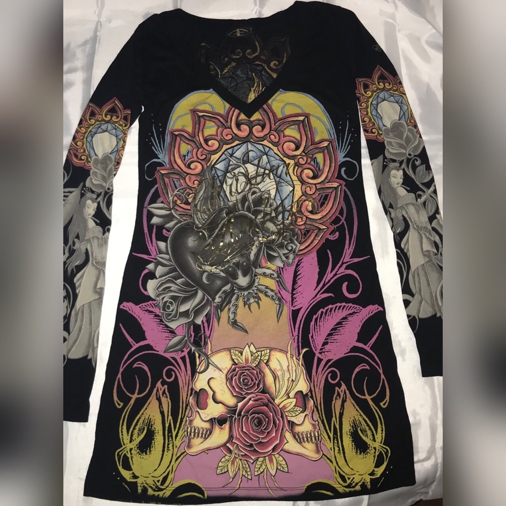 Christian Audigier skull rose diamond dress tunic