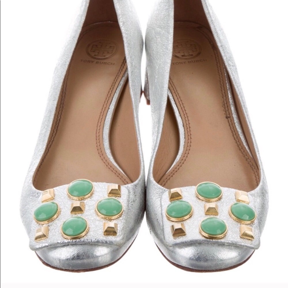 Tory Burch Silver Heels with Turquoise and Gold
