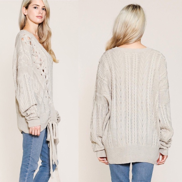 Pullover Double Lace Up Cable Knit Sweater - Picture 2 of 2