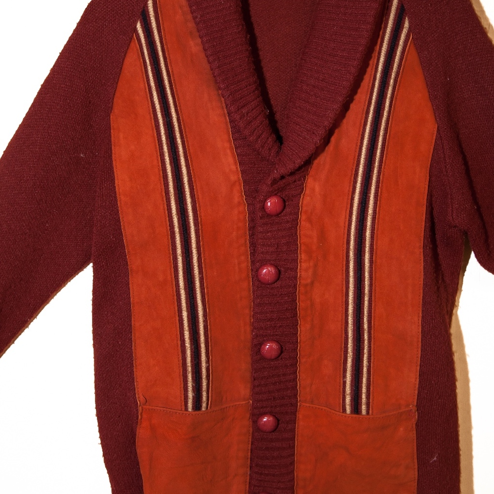 1950s Orlon Acrylic Knit & Suede Cardigan Sweater
