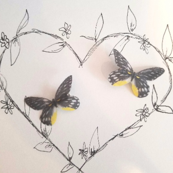 Yellow & Black Silk Butterfly Hair Clips - Picture 2 of 3