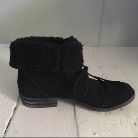 Black Folded Cuffed Faux Shearling Combat Boots - Picture 4 of 6