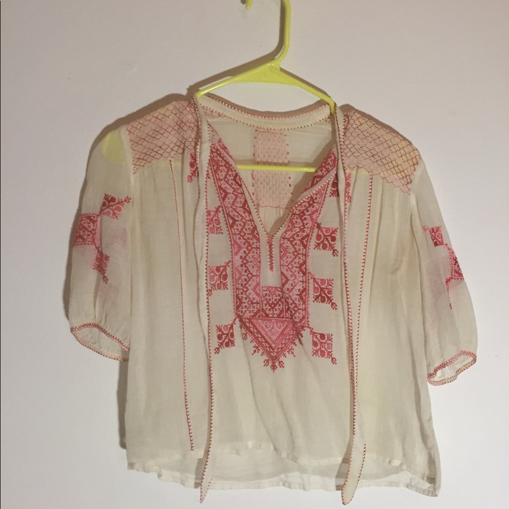 VINTAGE sheer peasant blouse embroidered