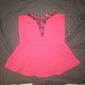 Red strapless bedazzled Peplum Top
