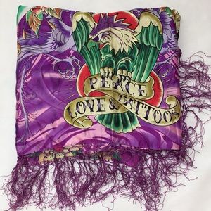 Ed Hardy Silk Peace Love & Tattoos Fringe Scarf