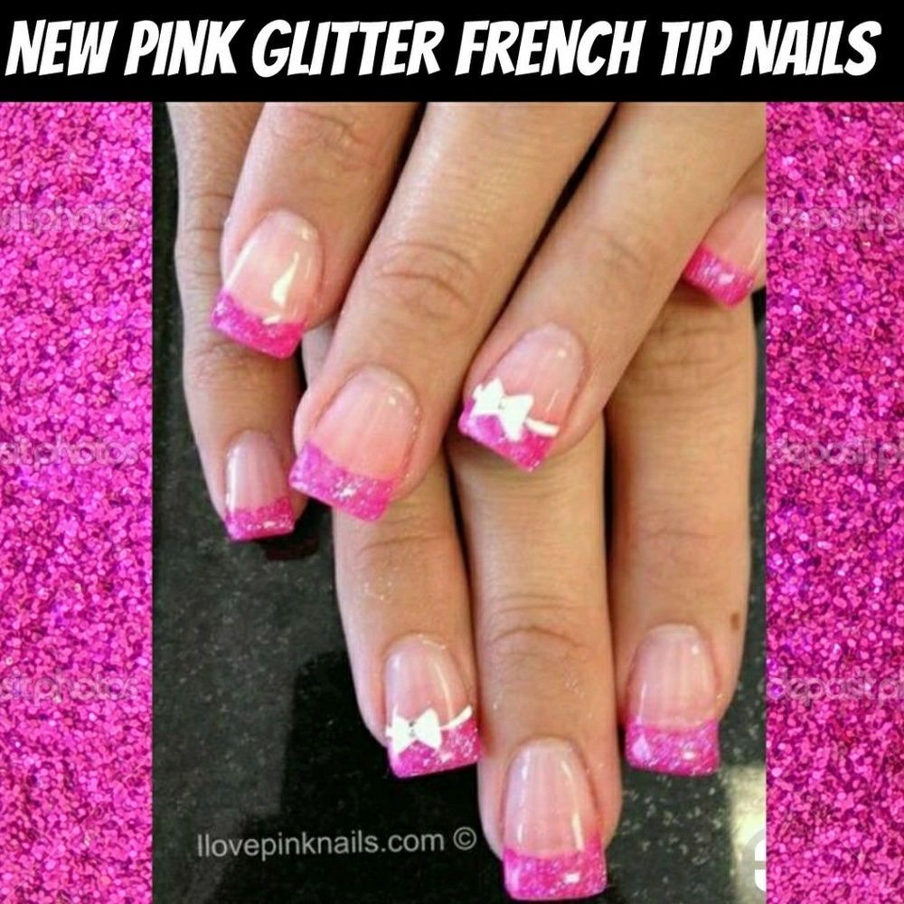 NEW PINK Glitter French Tip Full Nails - Press On