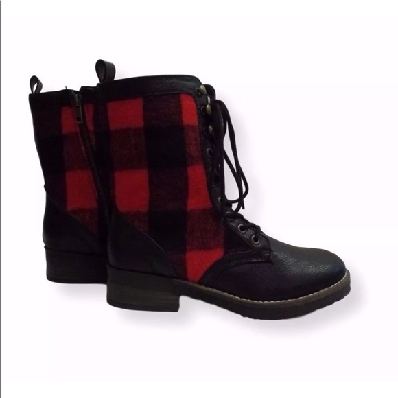 Red Plaid Flannel Lace Up Combat Moto Boots - Picture 2 of 8