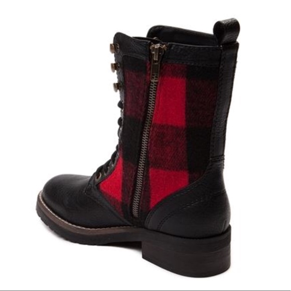 Red Plaid Flannel Lace Up Combat Moto Boots - Picture 3 of 8
