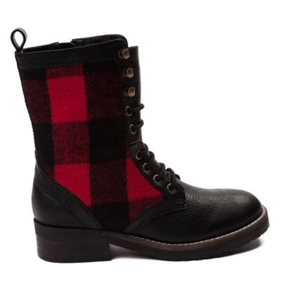 Red Plaid Flannel Lace Up Combat Moto Boots - Picture 4 of 8