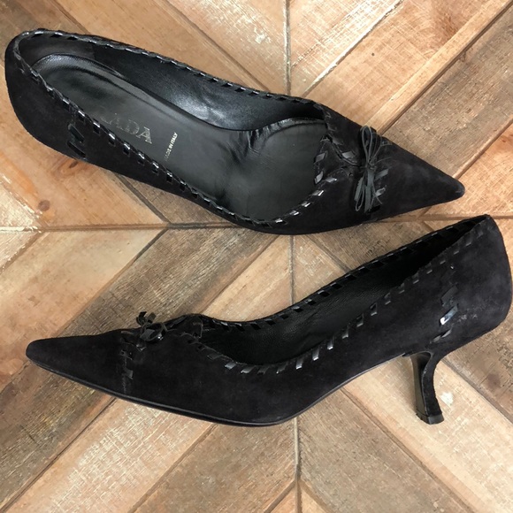 Prada Black Suede Pointy Woven Accent Comma Heel - Picture 3 of 8