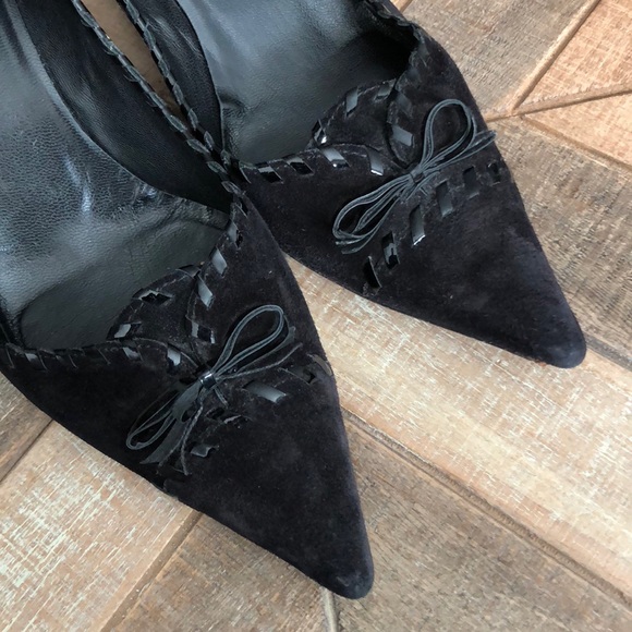 Prada Black Suede Pointy Woven Accent Comma Heel - Picture 4 of 8