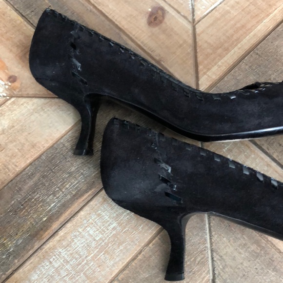 Prada Black Suede Pointy Woven Accent Comma Heel - Picture 6 of 8