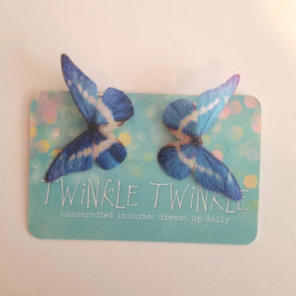 Blue White Silk Butterfly Hair Clips