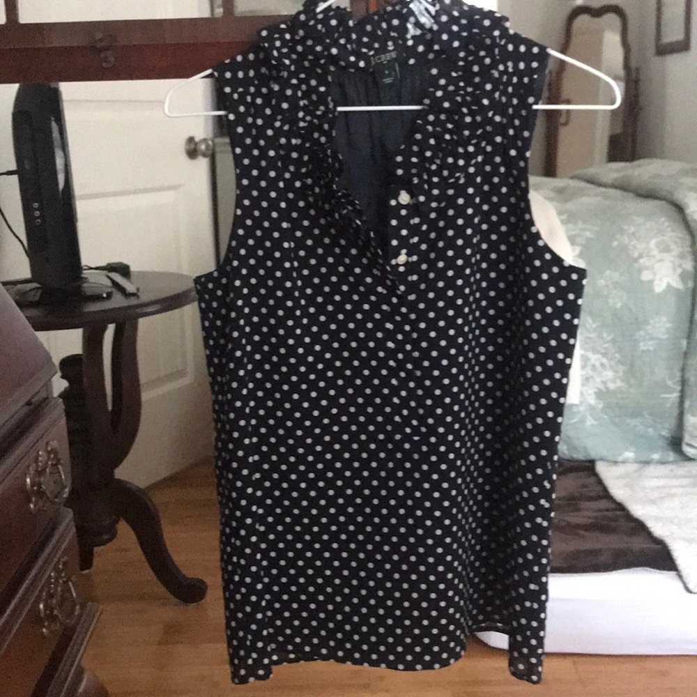 J. Crew Navy Ruffle Collar Polka Dot Sleeveless