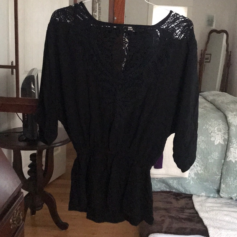 Black Ruched Waist Eyelet Top
