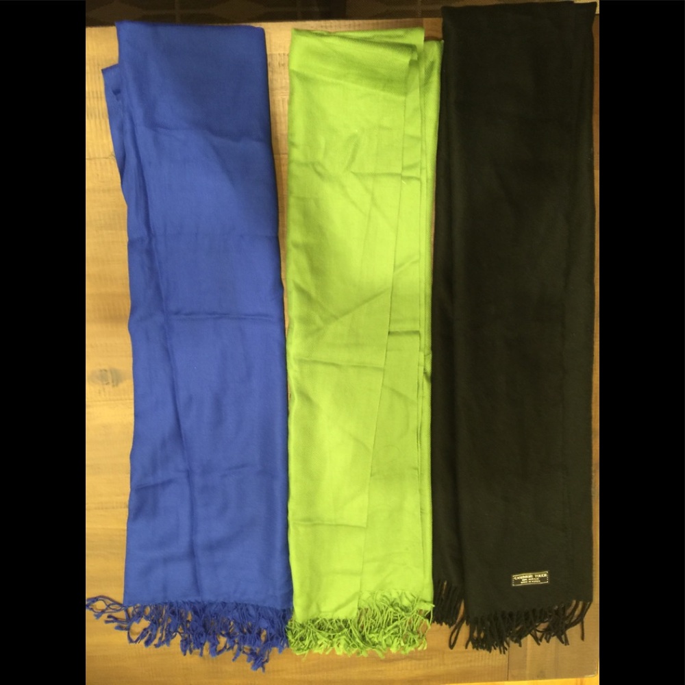 Three scarves- blue, green, and black