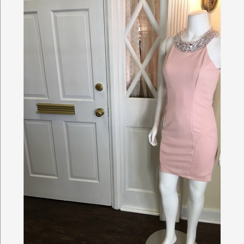 Women's Pink Bedazzled Unique Collar Dress