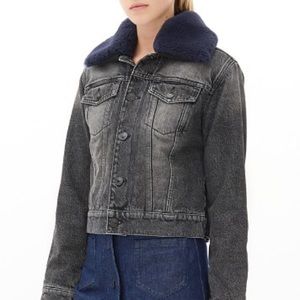 Sandro Black Vonny Shearling Trim Denim Jacket