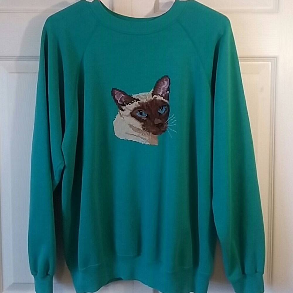 Vintage Needlepoint Cat sweatshirt womens L