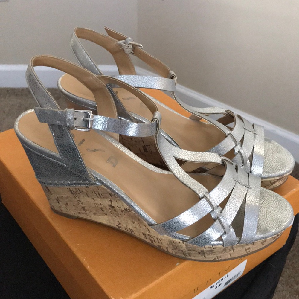 Audrey Brooke Silver Wedge Sandals