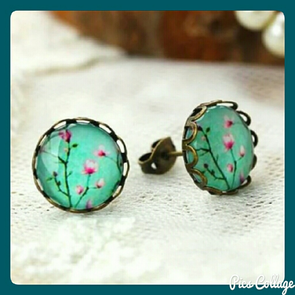 Teal & Pink Floral Cabochon Earrings