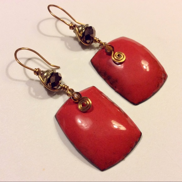 Artisan Handmade Red Orange Enamel Dangle Earrings - Picture 1 of 5