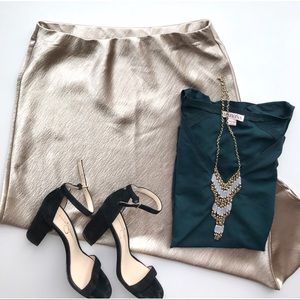 NWT Love, Fire Gold Satin Tea Length Midi Skirt