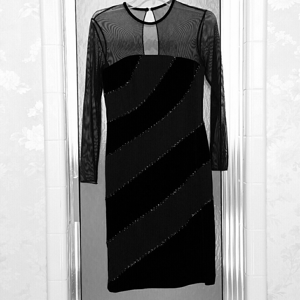 Elegant LBD with illusion neckline & beaded detail