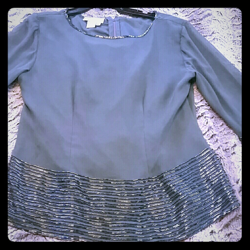 Gray beaded dress top with sheer sleeves