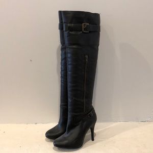 Black faux leather knee high boots