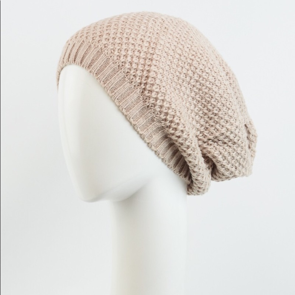 Oatmeal Cream Waffle Knit Slouch Beanie Hat - Picture 4 of 7