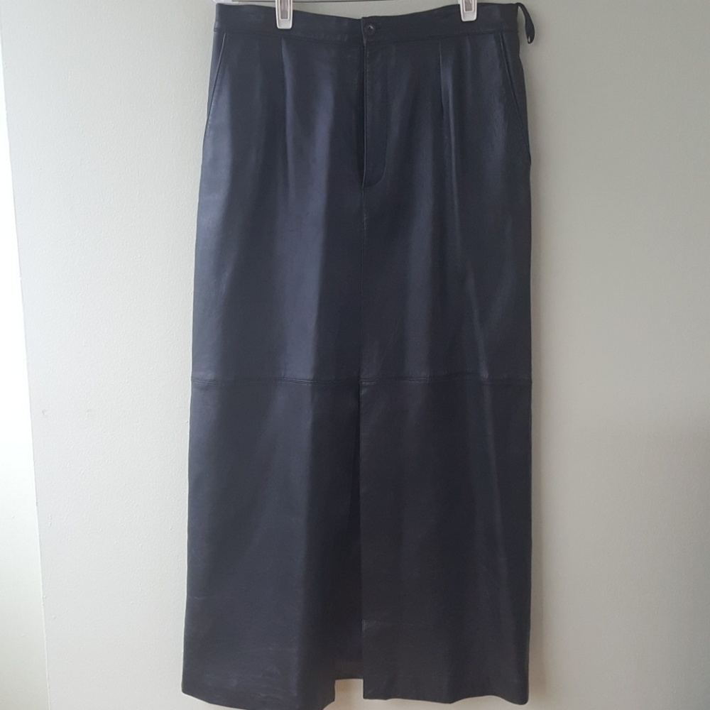 Calf length black leather skirt