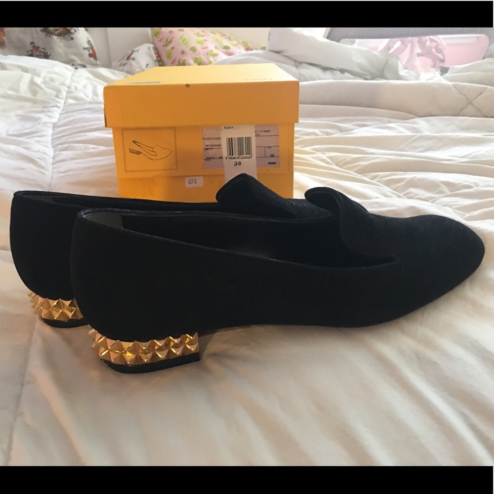 FENDI Loafers w/ gold pyramid flats