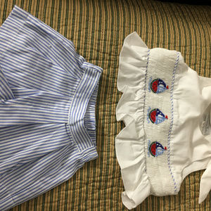 Sailboat & seersucker two-piece outfit, size 12 mo