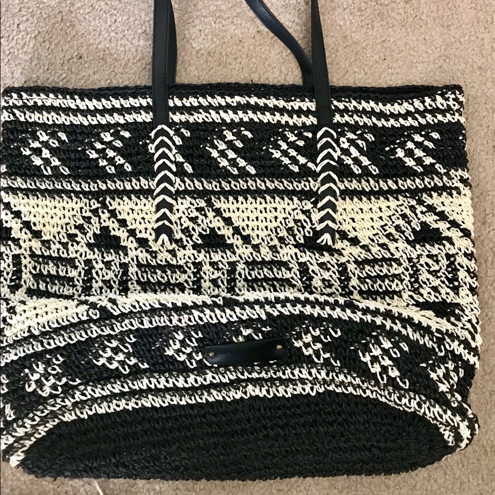 Lucky TANGO Purse Straw Bag Tote Woven Crochet B&W