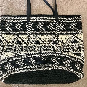 Lucky TANGO Purse Straw Bag Tote Woven Crochet B&W