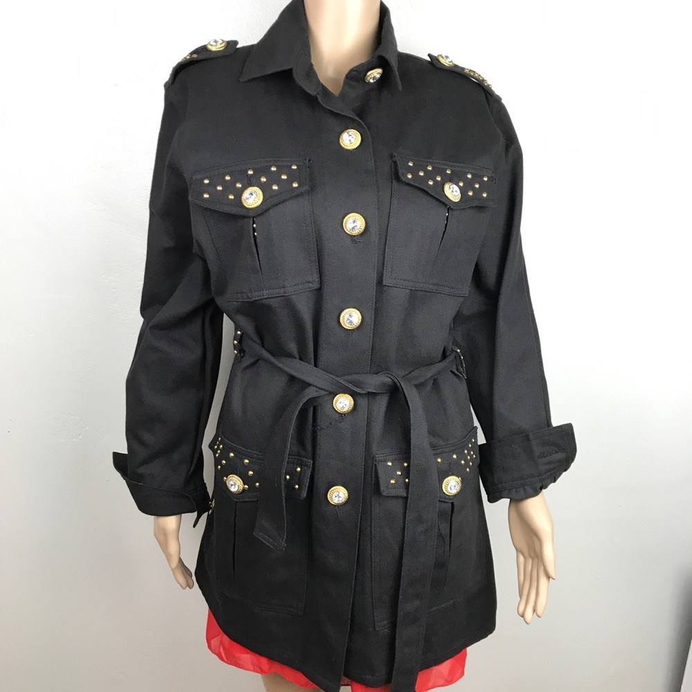 VTG Lacosta black trench coat with crystal buttons