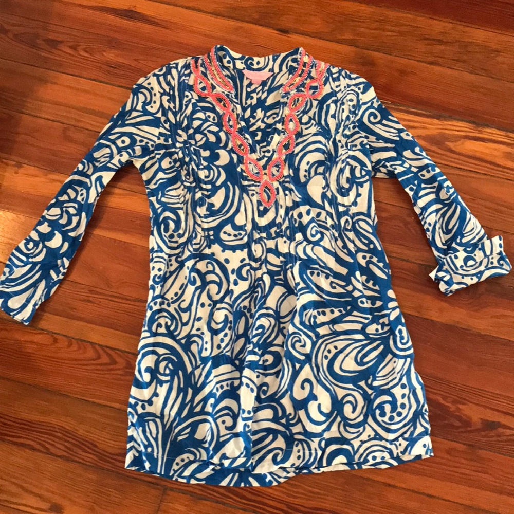 Lilly Pulitzer Blue Tunic with Pink Embroidery