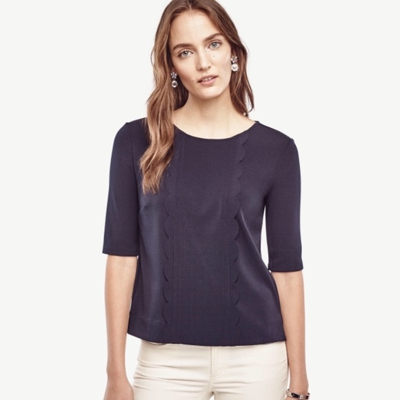 Ann Taylor Navy Scalloped top - Picture 1 of 2
