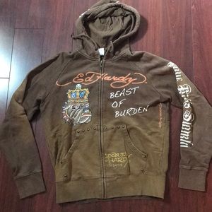 Ed Hardy Brown studded Bulldog Sweater Hoodie