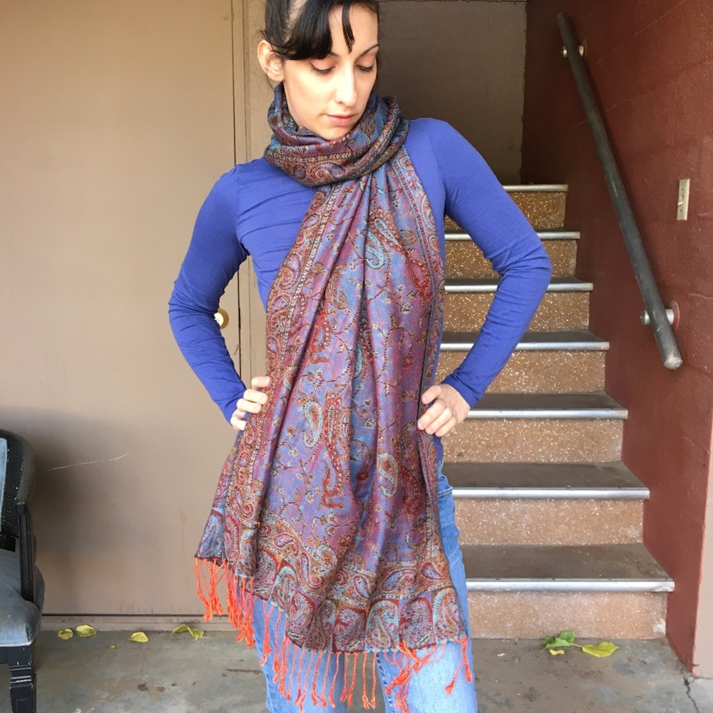 Metallic Blue/Orange Floral Paisley Fringed Scarf