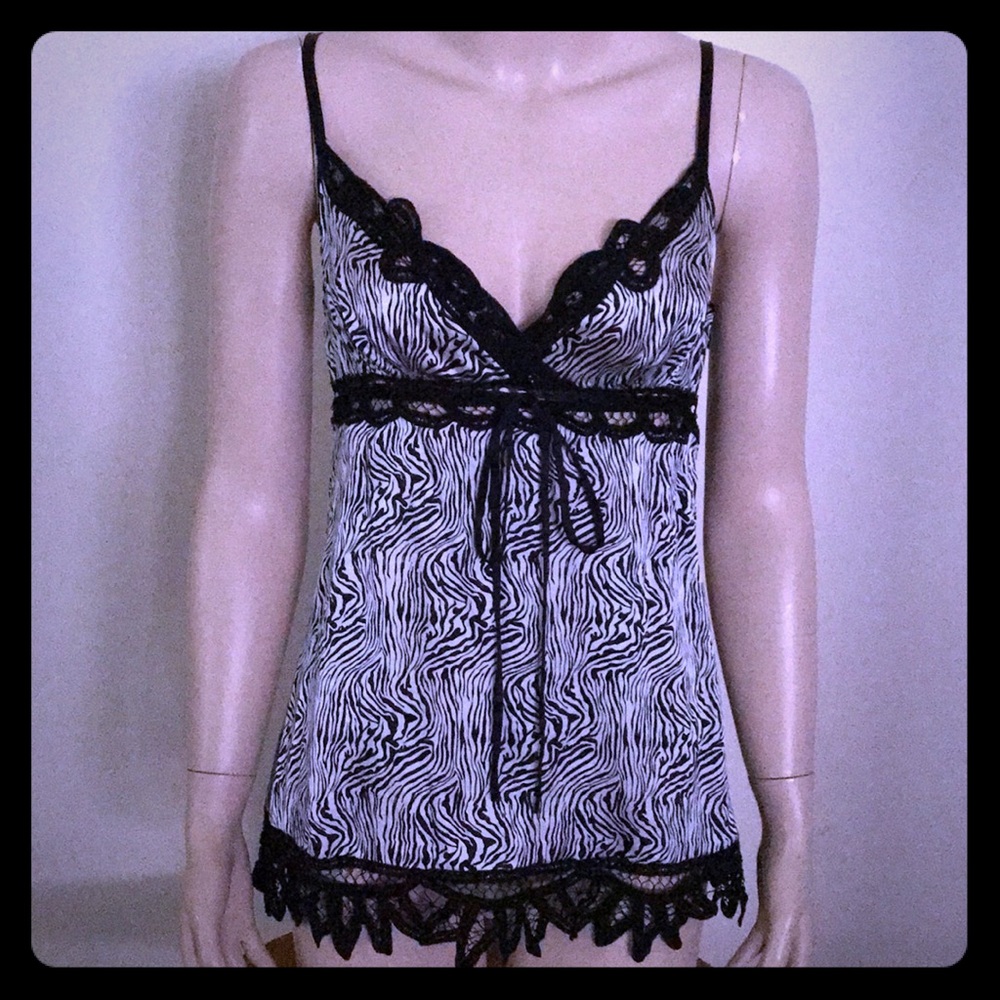 A Bebe Silk Camisole Lace & Zebra Print Top.